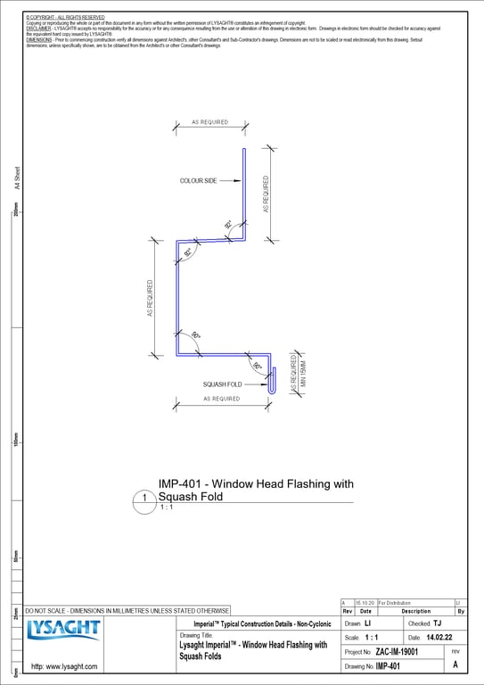 Navigate to IMP-401 - Lysaght Imperial™ - Window Head Flashing with Squash Folds