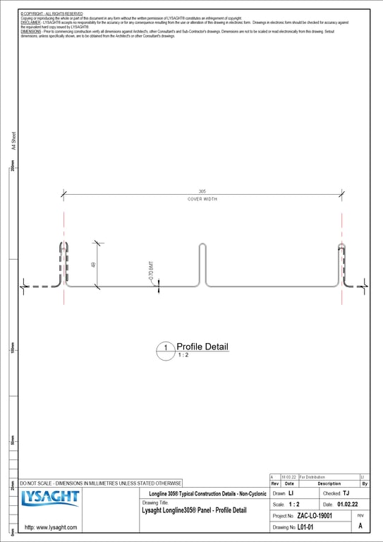 Navigate to L01-01 - Lysaght Longline305® Panel - Profile Detail