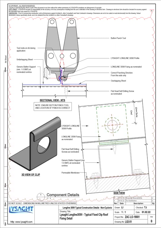 L02-01 - Lysaght Longline305® - Typical Fixed Clip Roof Fixing Detail