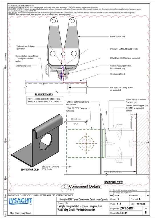 L02-02 - Lysaght Longline305® - Typical Longline Clip Wall Fixing Detail - Vertical Orientation