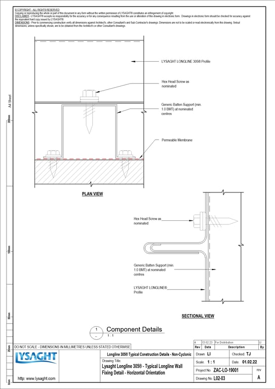 L02-03 - Lysaght Longline 305® - Typical Longline Wall Fixing Detail - Horizontal Orientation