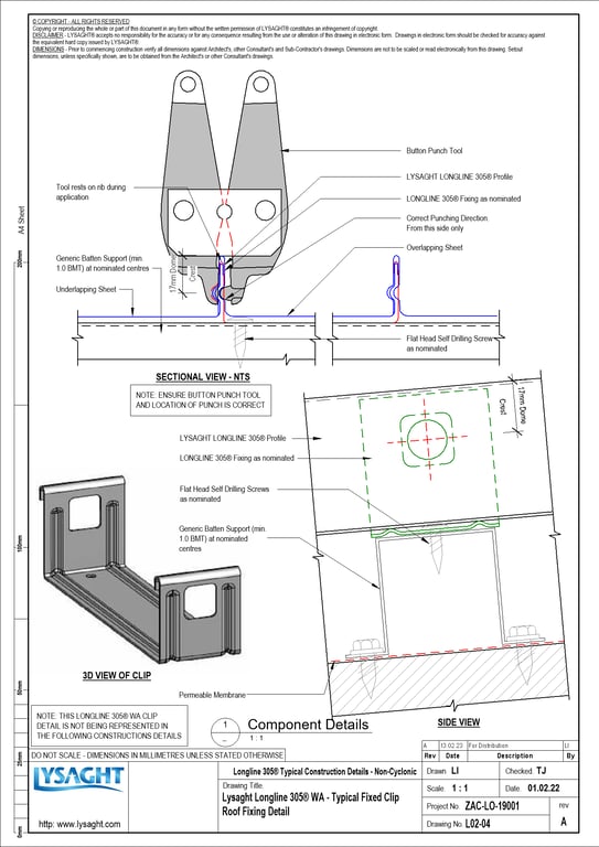 Navigate to L02-04 - Lysaght Longline 305® WA - Typical Fixed Clip Roof Fixing Detail