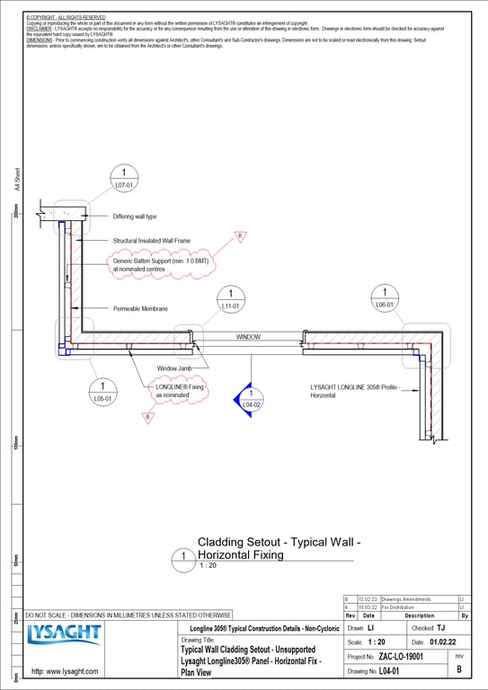 L04-01 - Typical Wall Cladding Setout - Unsupported Lysaght Longline305® Panel - Horizontal Fix - Plan View