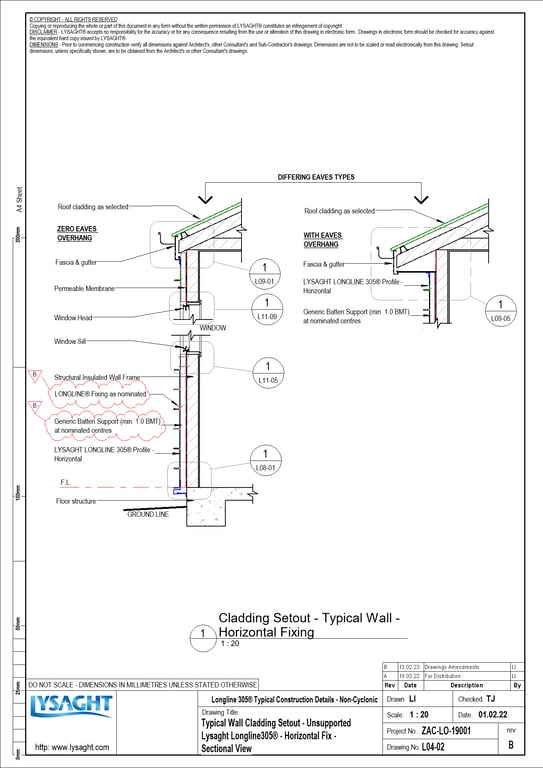 Navigate to L04-02 - Typical Wall Cladding Setout - Unsupported Lysaght Longline305® - Horizontal Fix - Sectional View