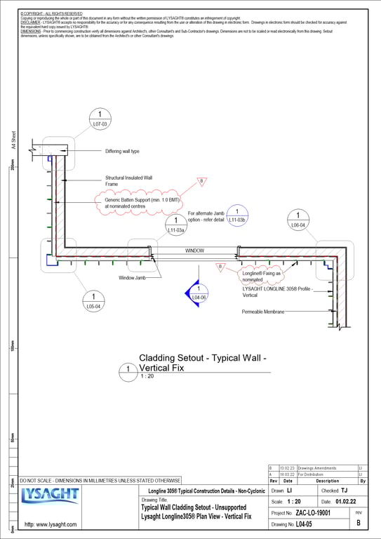 Navigate to L04-05 - Typical Wall Cladding Setout - Unsupported Lysaght Longline305® Plan View - Vertical Fix