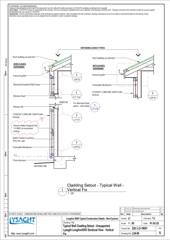 Navigate to L04-06 - Typical Wall Cladding Setout - Unsupported Lysaght Longline305® Sectional View - Vertical Fix
