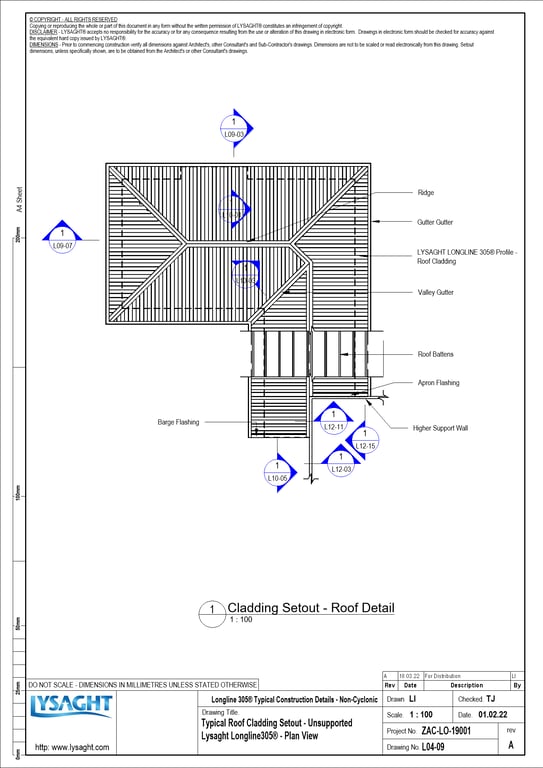 Navigate to L04-09 - Typical Roof Cladding Setout - Unsupported Lysaght Longline305® - Plan View