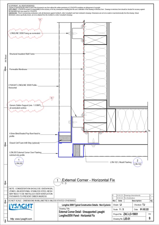 Navigate to L05-01 - External Corner Detail - Unsupported Lysaght Longline305® Panel - Horizontal Fix