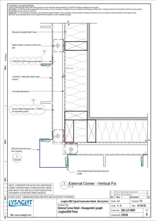 Navigate to L05-04 - External Corner Detail - Unsupported Lysaght Longline305® Panel
