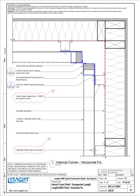 Navigate to L06-01 - Internal Corner Detail - Unsupported Lysaght Longline305® Panel - Horizontal Fix