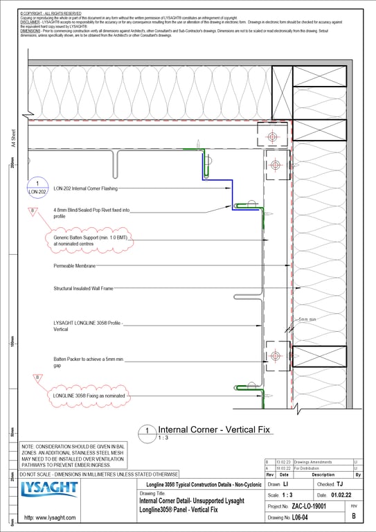 Navigate to L06-04 - Internal Corner Detail- Unsupported Lysaght Longline305® Panel - Vertical Fix