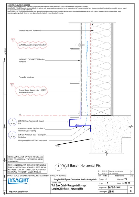 Navigate to L08-01 - Wall Base Detail - Unsupported Lysaght Longline305® Panel - Horizontal Fix