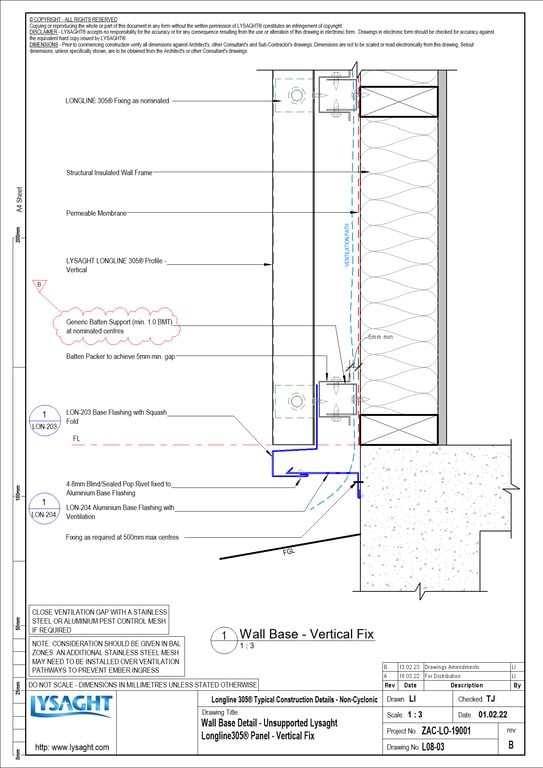 Navigate to L08-03 - Wall Base Detail - Unsupported Lysaght Longline305® Panel - Vertical Fix