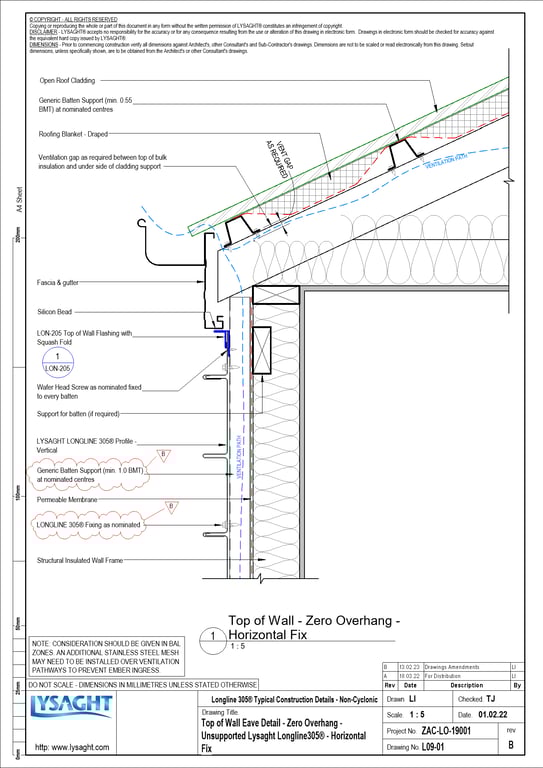 Navigate to L09-01 - Top of Wall Eave Detail - Zero Overhang - Unsupported Lysaght Longline305® - Horizontal Fix