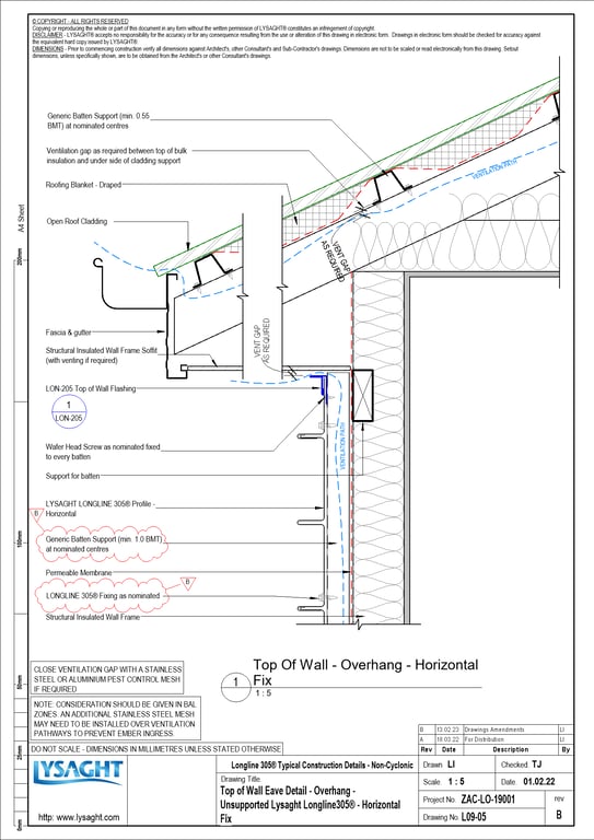 Navigate to L09-05 - Top of Wall Eave Detail - Overhang - Unsupported Lysaght Longline305® - Horizontal Fix