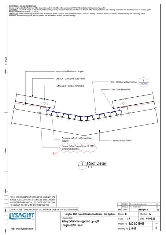 Navigate to L10-03 - Valley Detail - Unsupported Lysaght Longline305® Panel