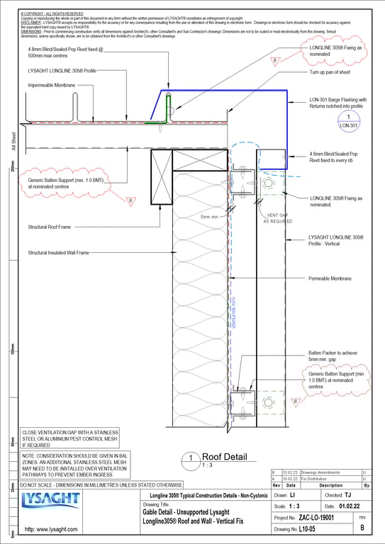 Navigate to L10-05 - Gable Detail - Unsupported Lysaght Longline305® Roof and Wall - Vertical Fix