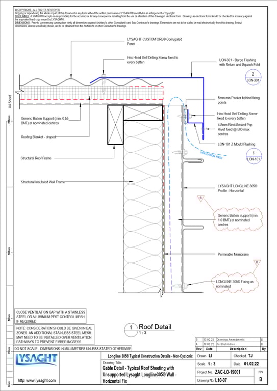 Navigate to L10-07 - Gable Detail - Typical Roof Sheeting with Unsupported Lysaght Longline305® Wall - Horizontal Fix