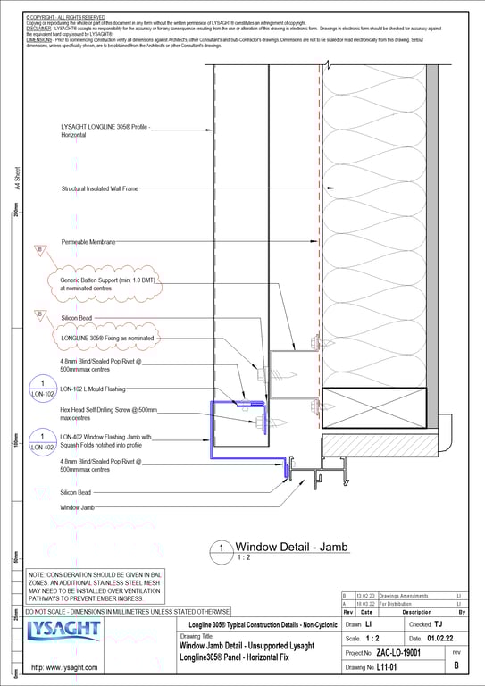 Navigate to L11-01 - Window Jamb Detail - Unsupported Lysaght Longline305® Panel - Horizontal Fix