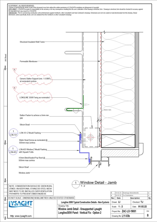 Navigate to L11-03b - Window Jamb Detail - Unsupported Lysaght Longline305® Panel - Vertical Fix - Option 2