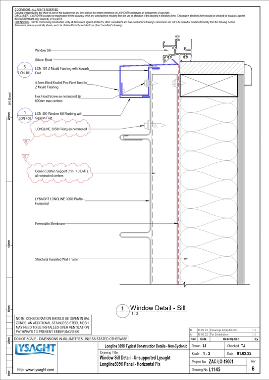 Navigate to L11-05 - Window Sill Detail - Unsupported Lysaght Longline305® Panel - Horizontal Fix
