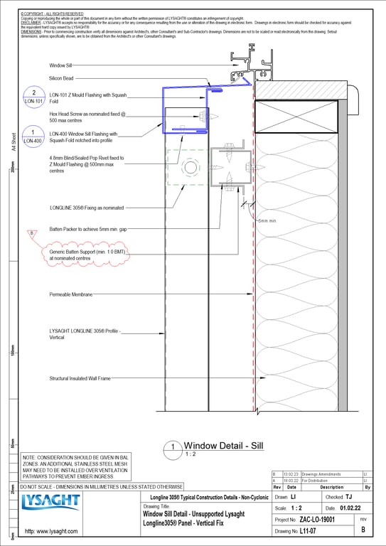 Navigate to L11-07 - Window Sill Detail - Unsupported Lysaght Longline305® Panel - Vertical Fix
