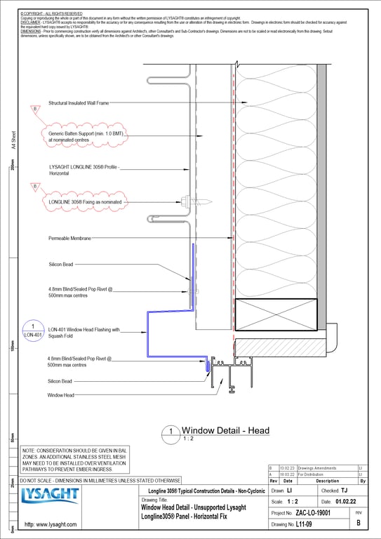 Navigate to L11-09 - Window Head Detail - Unsupported Lysaght Longline305® Panel - Horizontal Fix