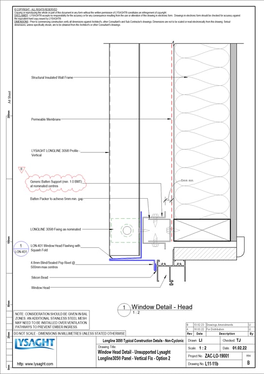 Navigate to L11-11b - Window Head Detail - Unsupported Lysaght Longline305® Panel - Vertical Fix - Option 2