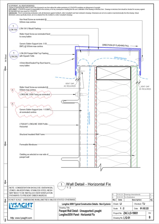 Navigate to L12-01 - Parapet Wall Detail - Unsupported Lysaght Longline305® Panel - Horizontal Fix