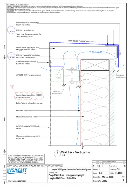Navigate to L12-03 - Parapet Wall Detail - Unsupported Lysaght Longline305® Panel - Vertical Fix