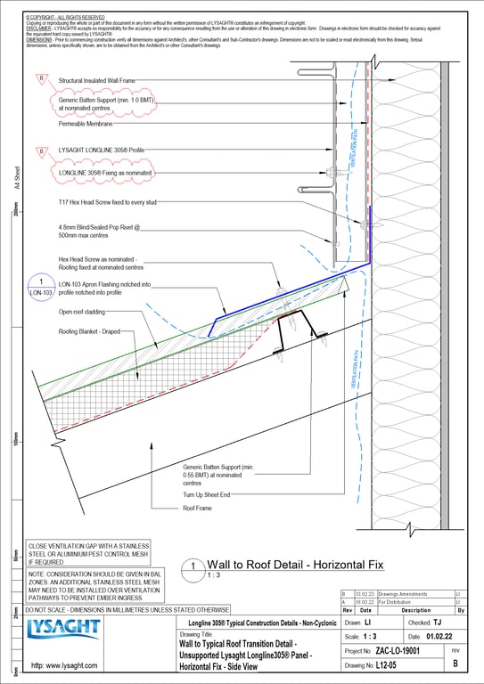 Navigate to L12-05 - Wall to Typical Roof Transition Detail - Unsupported Lysaght Longline305® Panel - Horizontal Fix - Side View