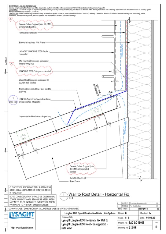 Navigate to L12-09 - Lysaght Longline305® Horizontal Fix Wall to Lysaght Longline305® Roof - Unsupported - Side view