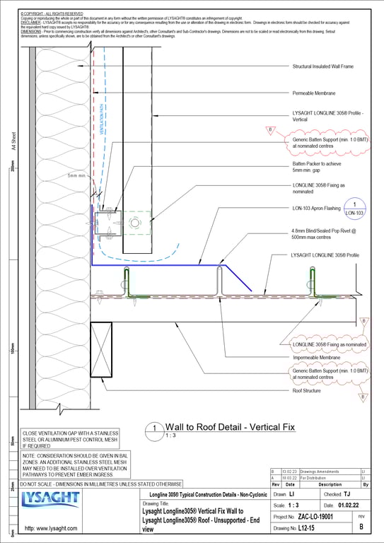 Navigate to L12-15 - Lysaght Longline305® Vertical Fix Wall to Lysaght Longline305® Roof - Unsupported - End view