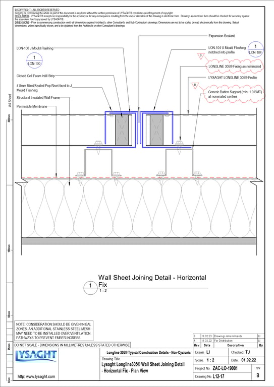 Navigate to L12-17 - Lysaght Longline305® Wall Sheet Joining Detail - Horizontal Fix - Plan View