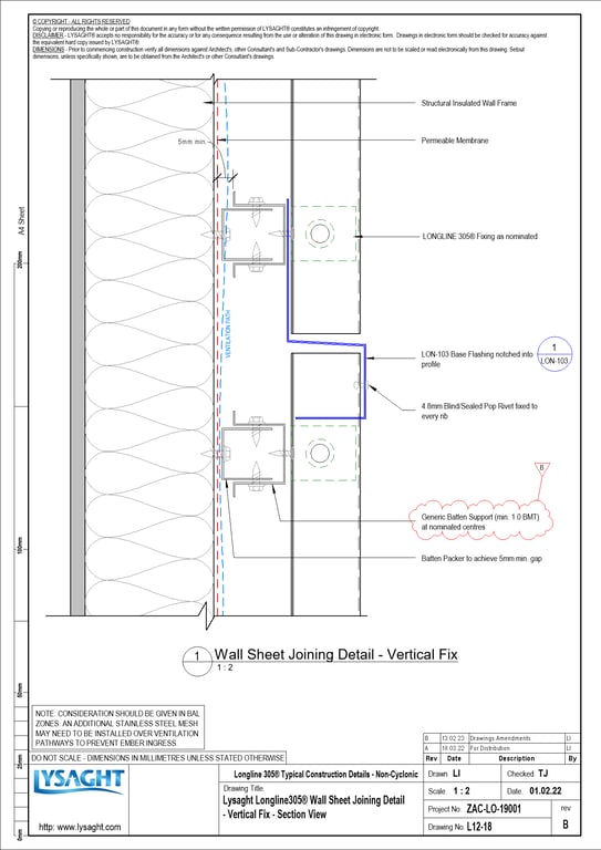Navigate to L12-18 - Lysaght Longline305® Wall Sheet Joining Detail - Vertical Fix - Section View