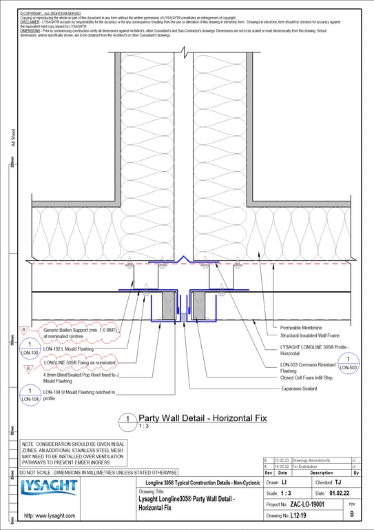 Navigate to L12-19 - Lysaght Longline305® Party Wall Detail - Horizontal Fix