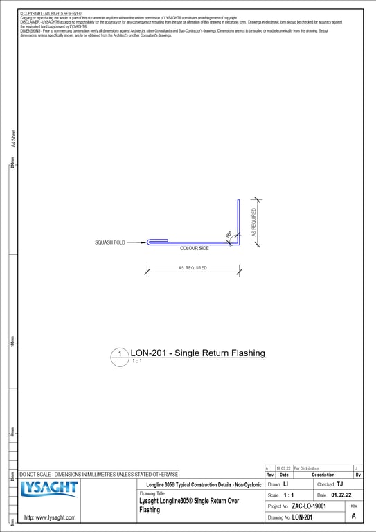 Navigate to LON-201 - Lysaght Longline305® Single Return Over Flashing