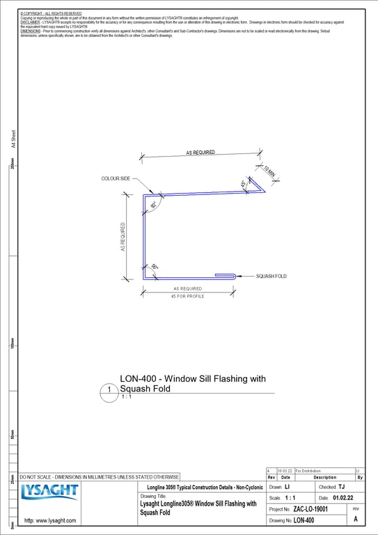 Navigate to LON-400 - Lysaght Longline305® Window Sill Flashing with Squash Fold