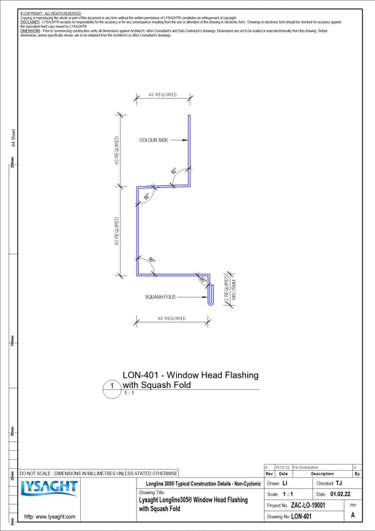 Navigate to LON-401 - Lysaght Longline305® Window Head Flashing with Squash Fold