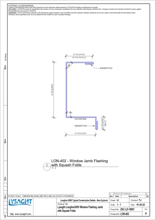 Navigate to LON-402 - Lysaght Longline305® Window Flashing Jamb with Squash Folds