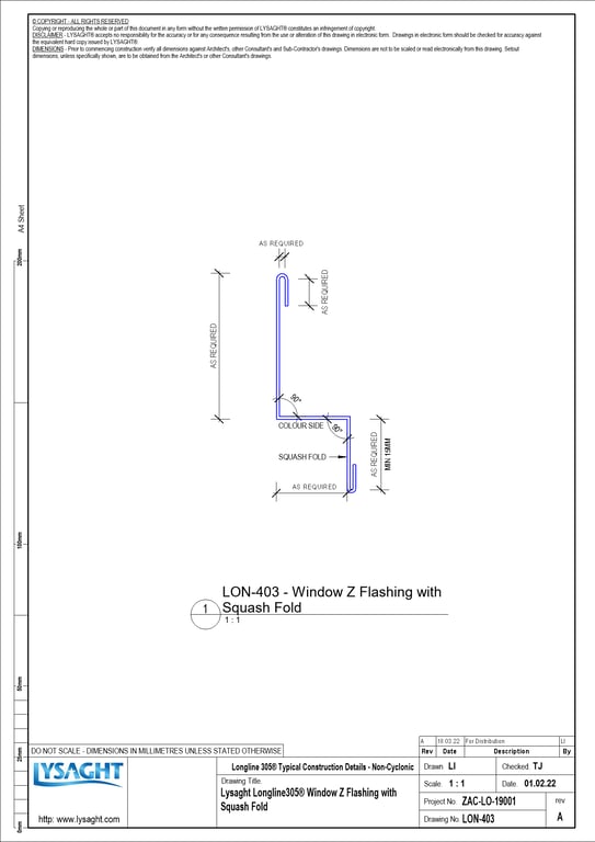 Navigate to LON-403 - Lysaght Longline305® Window Z Flashing with Squash Fold