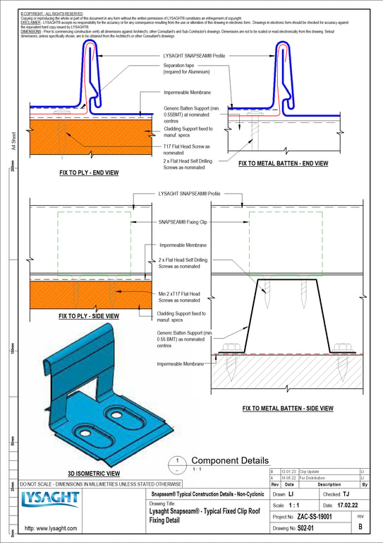 S02-01 - Lysaght Snapseam® - Typical Fixed Clip Roof Fixing Detail