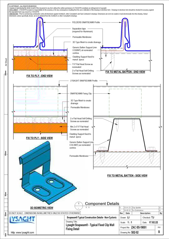 S02-02 - Lysaght Snapseam® - Typical Fixed Clip Wall Fixing Detail