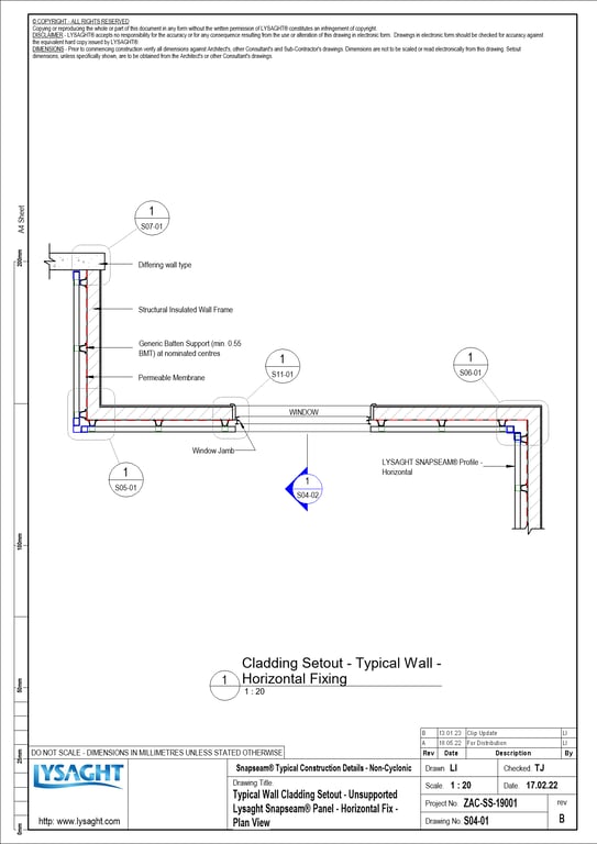 Navigate to S04-01 - Typical Wall Cladding Setout - Unsupported Lysaght Snapseam® Panel - Horizontal Fix - Plan View