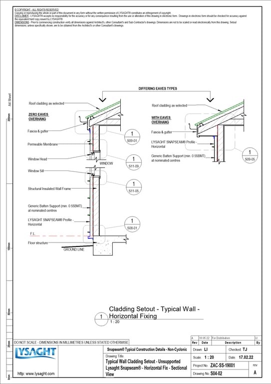Navigate to S04-02 - Typical Wall Cladding Setout - Unsupported Lysaght Snapseam® - Horizontal Fix - Sectional View