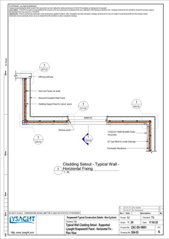Navigate to S04-03 - Typical Wall Cladding Setout - Supported Lysaght Snapseam® Panel - Horizontal Fix - Plan View