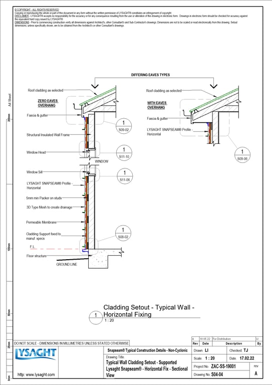 Navigate to S04-04 - Typical Wall Cladding Setout - Supported Lysaght Snapseam® - Horizontal Fix - Sectional View