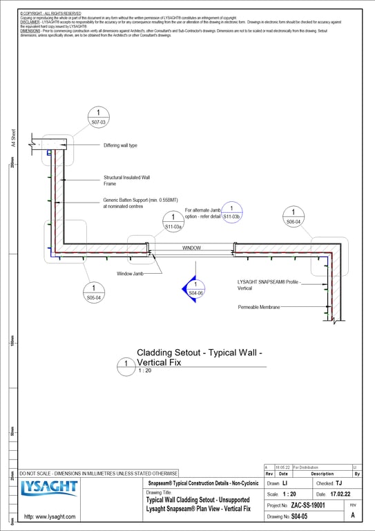 Navigate to S04-05 - Typical Wall Cladding Setout - Unsupported Lysaght Snapseam® Plan View - Vertical Fix