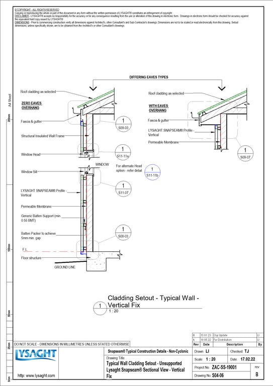 Navigate to S04-06 - Typical Wall Cladding Setout - Unsupported Lysaght Snapseam® Sectional View - Vertical Fix