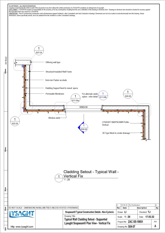 S04-07 - Typical Wall Cladding Setout - Supported Lysaght Snapseam® Plan View - Vertical Fix